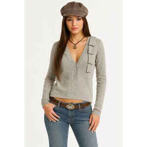 Morgan de Toi Womens Medium Gray Ruffle V-Neck Knit Sweater Y2K Coquette